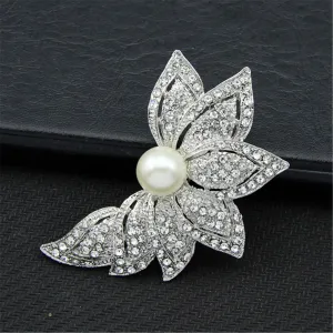 Cubic Zirconia & Silver-Plated Petal Brooch