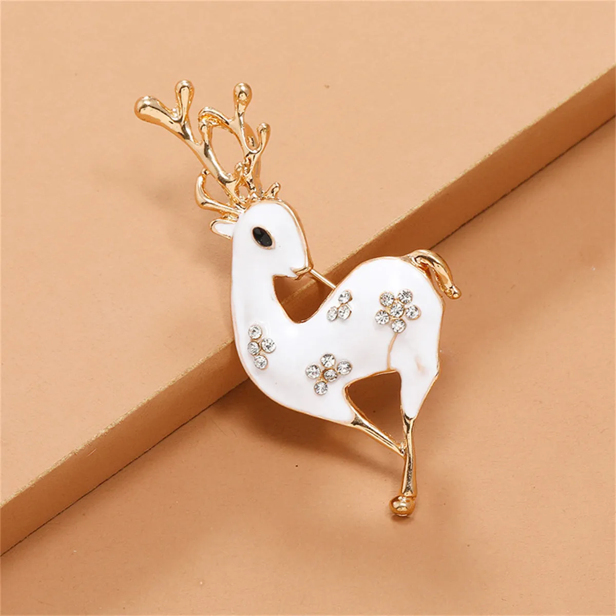 Cubic Zirconia & White Enamel 18K Gold-Plated Reindeer Brooch