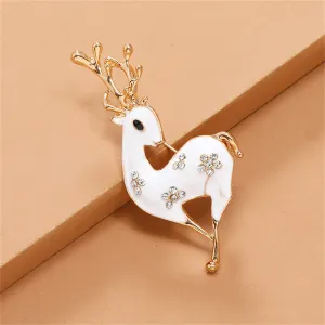 Cubic Zirconia & White Enamel 18K Gold-Plated Reindeer Brooch