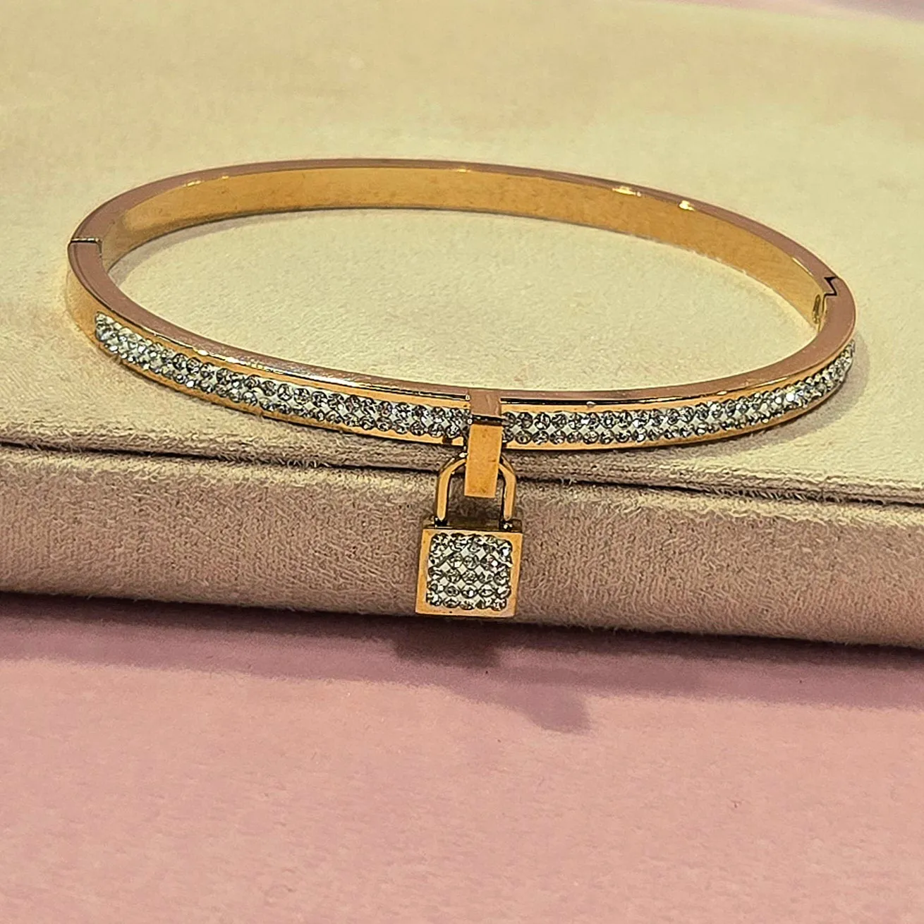 Cubic Zirconia Fancy Lock Stainless Steel Bangles Bracelets