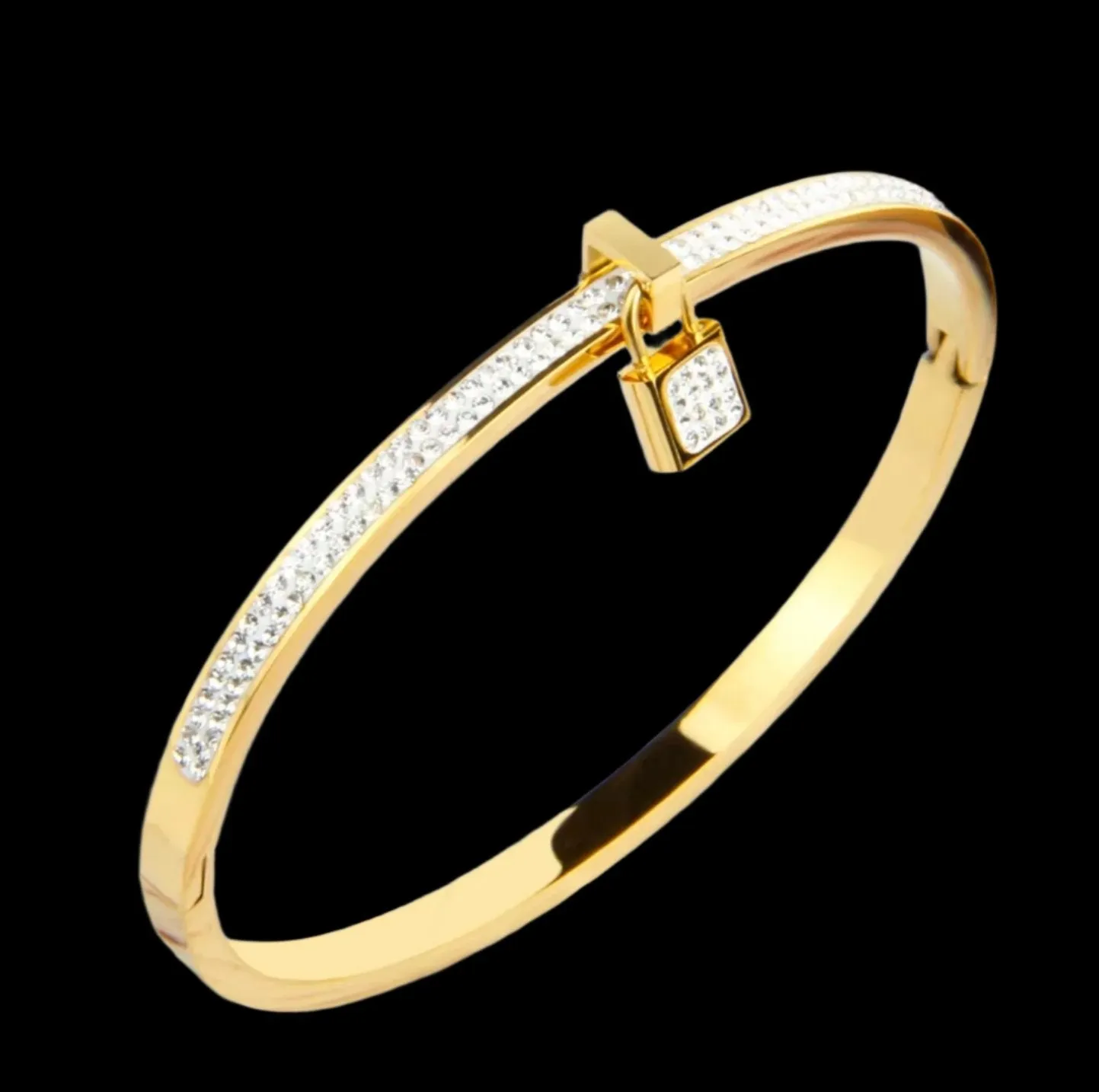 Cubic Zirconia Fancy Lock Stainless Steel Bangles Bracelets