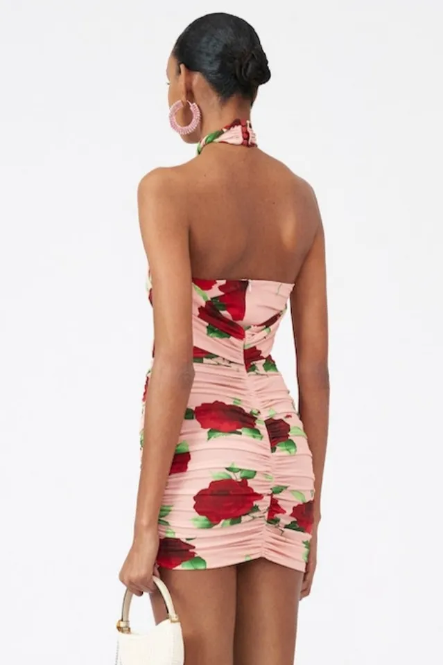 Cutout Ruched Floral Jersey Mini Dress