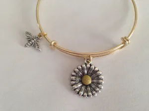 Daisy and Bee Charm Adjustable Expandable Bangle Bracelet Gold Handmade Wire Bangle Stacking Bangle Trendy