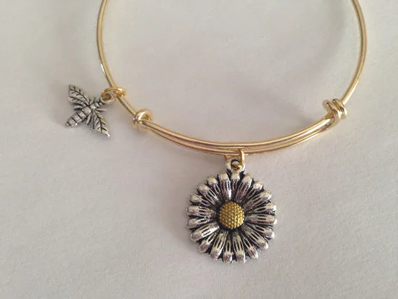 Daisy and Bee Charm Adjustable Expandable Bangle Bracelet Gold Handmade Wire Bangle Stacking Bangle Trendy