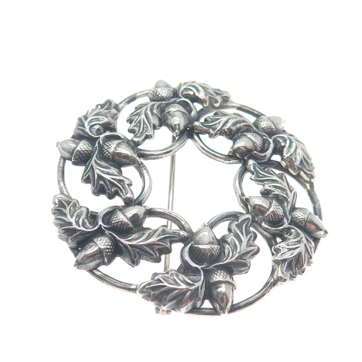 DANECRAFT 925 Sterling Silver Antique Art Deco Acorn Oak Floral Oxidized Brooch