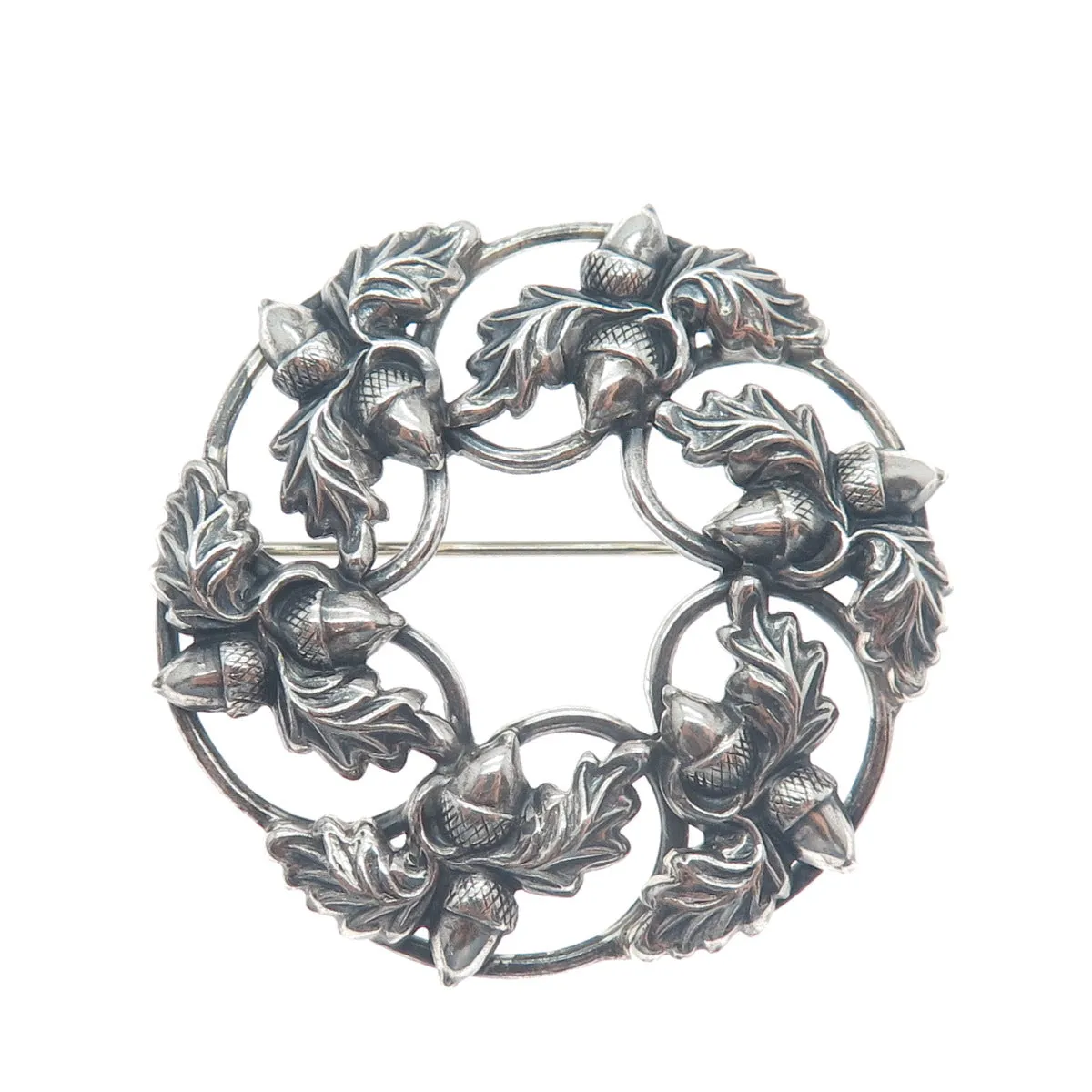 DANECRAFT 925 Sterling Silver Antique Art Deco Acorn Oak Floral Oxidized Brooch