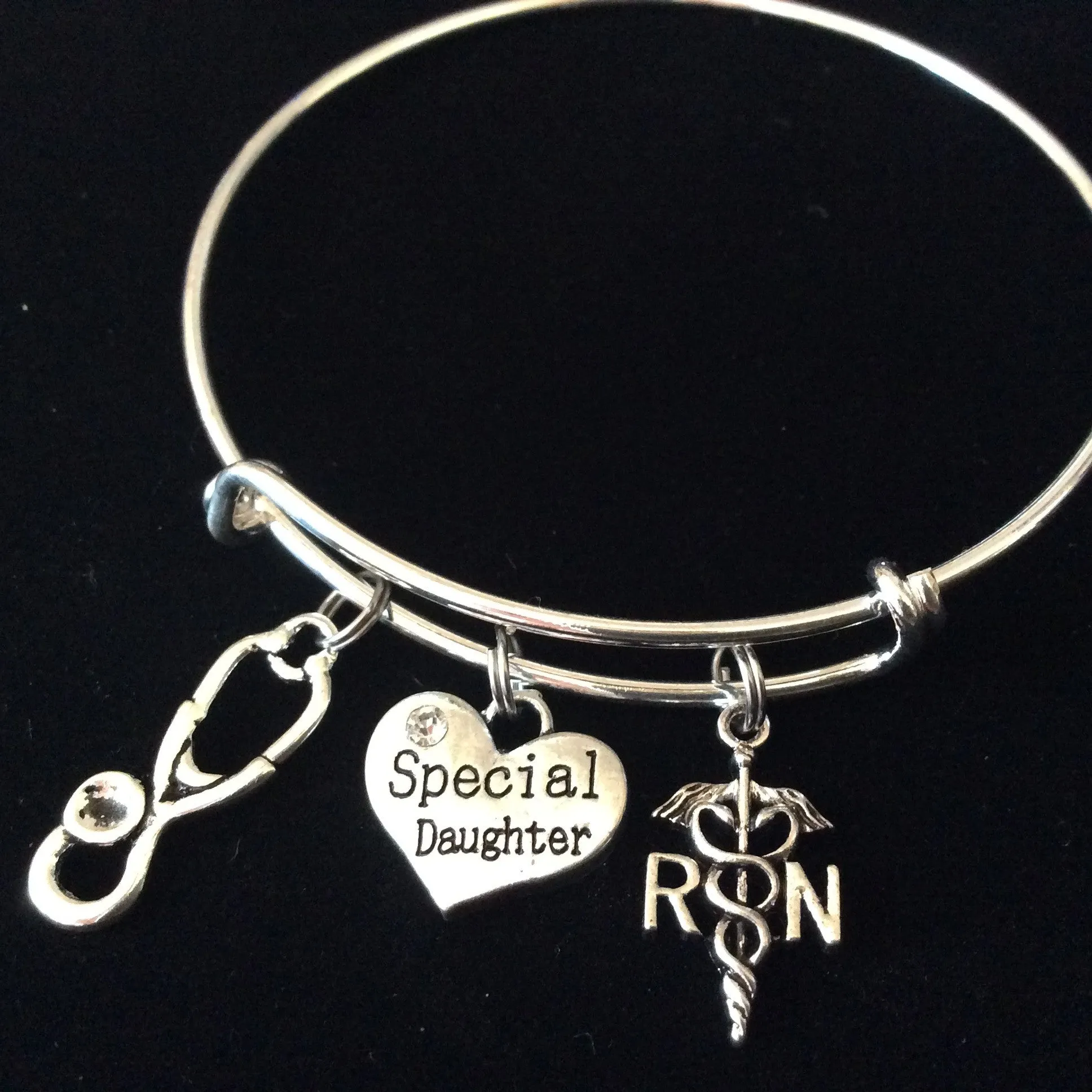 Daughter RN Nurse Stethoscope Caduceus Silver Expandable Charm Bracelet Adjustable Bangle Worker Gift Retirement