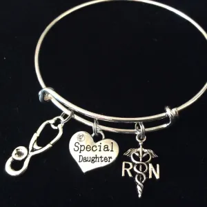 Daughter RN Nurse Stethoscope Caduceus Silver Expandable Charm Bracelet Adjustable Bangle Worker Gift Retirement