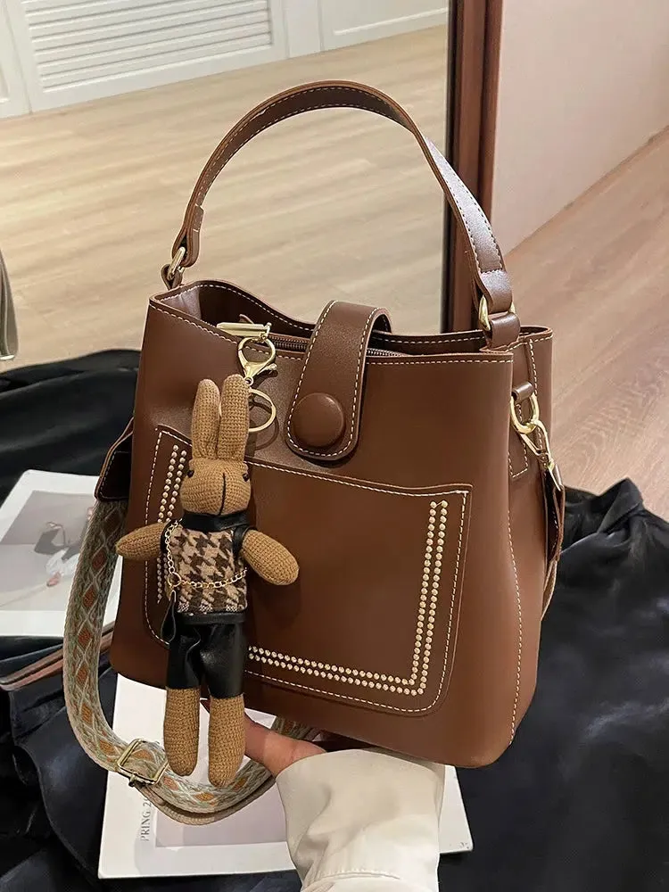Decorative Stitching Leather Bucket Bag