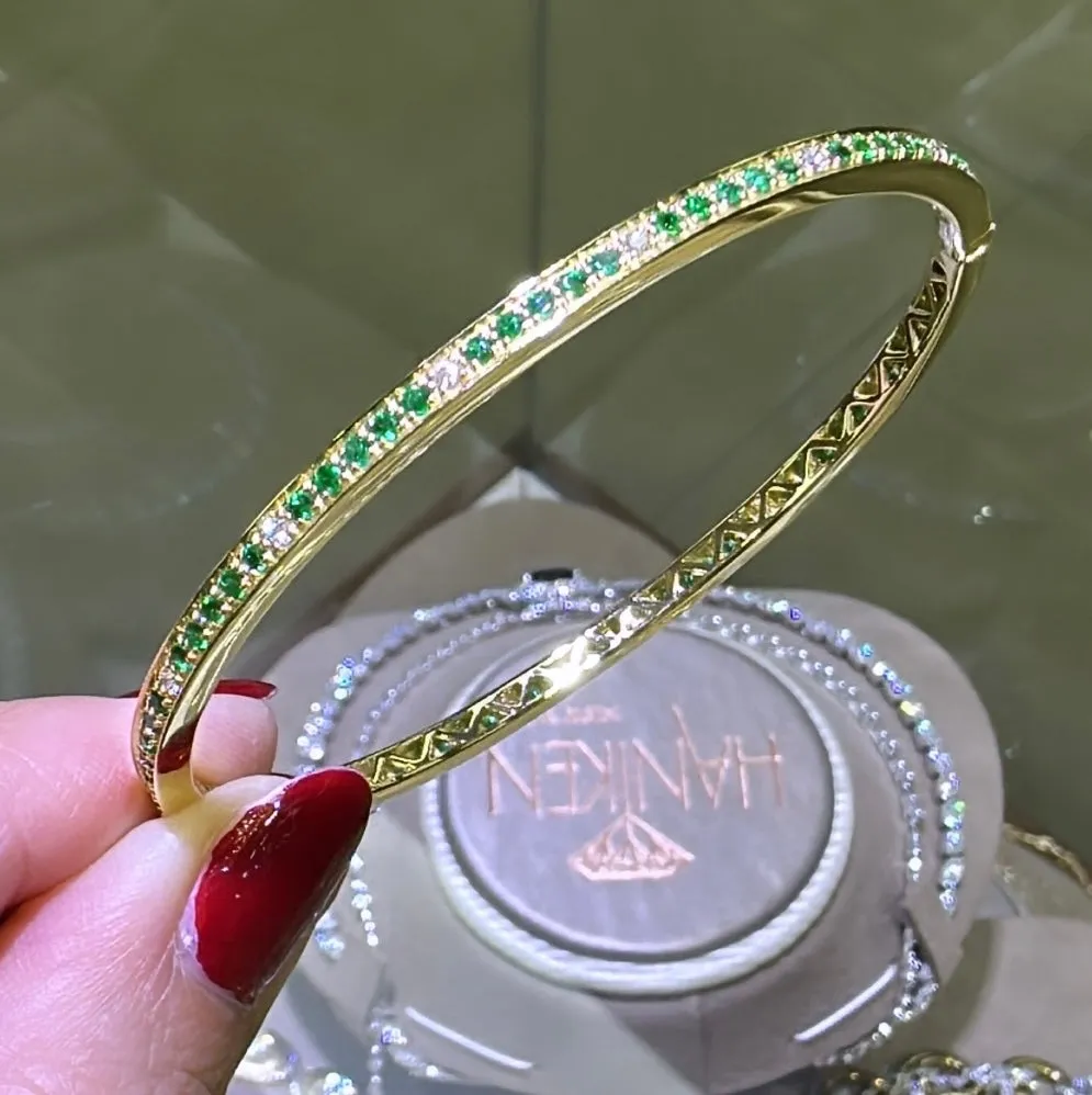 Diamond & Green Emerald Gold Bangle Bracelet