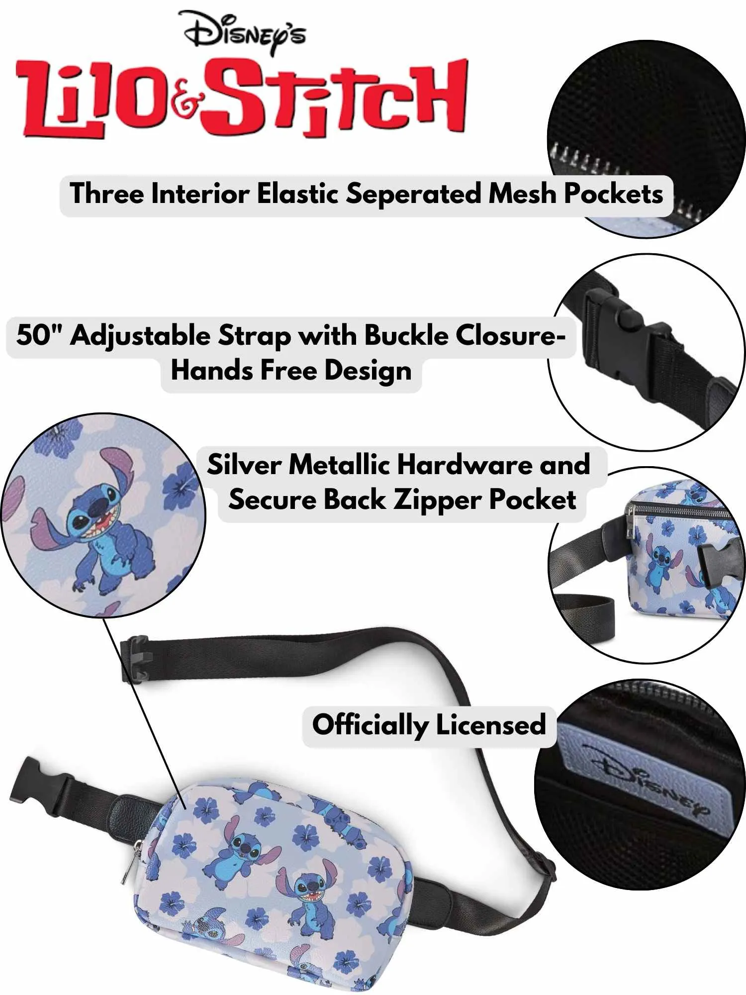 Disney Stitch Belt Bag Crossbody Fanny Pack Waist Bag Women's Floral Print Blue