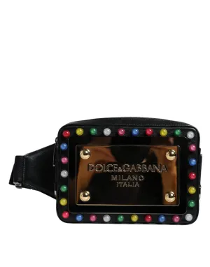 Dolce & Gabbana Black Leather Led Logo Belt Waist Fanny Pack Bag