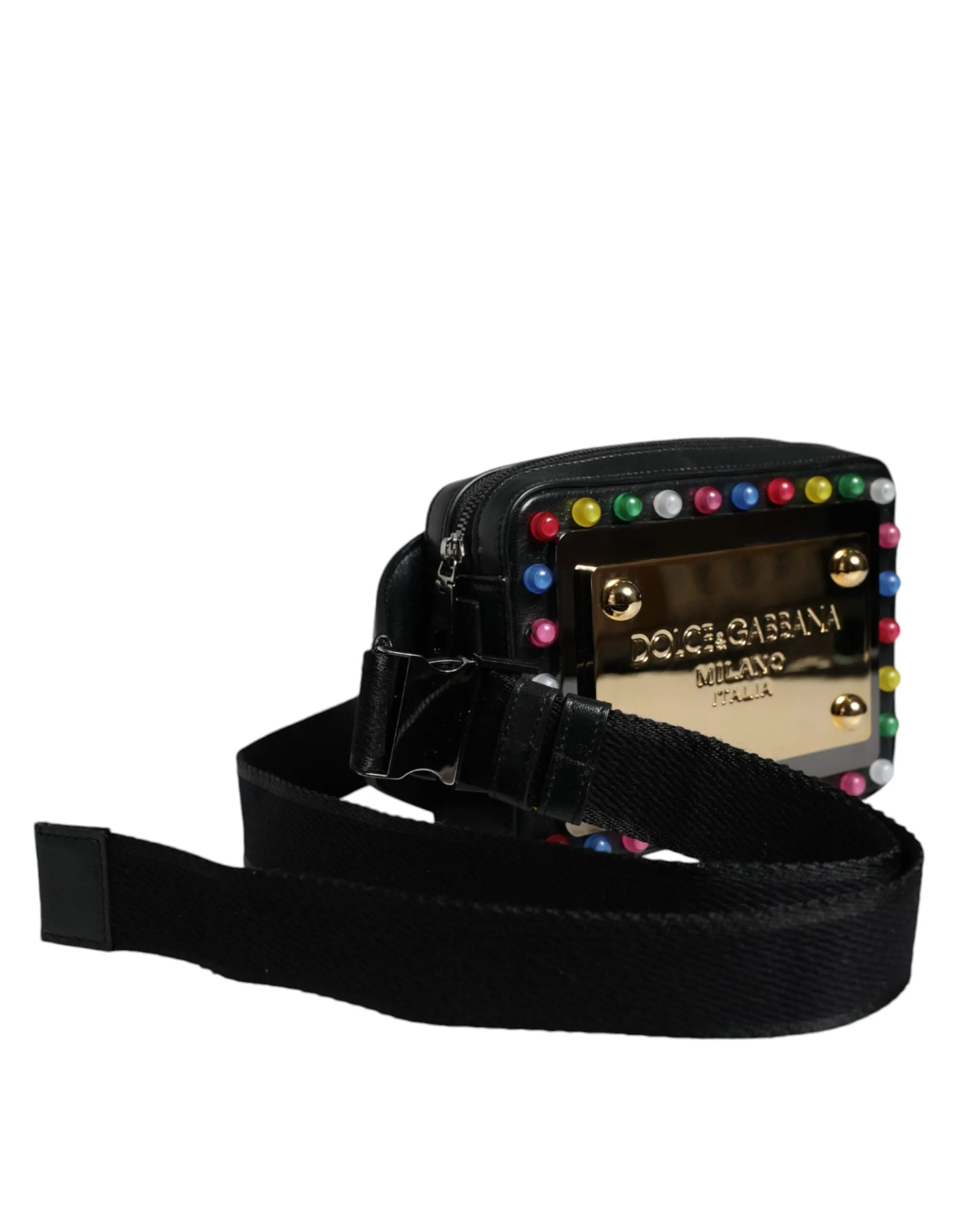 Dolce & Gabbana Black Leather Led Logo Belt Waist Fanny Pack Bag