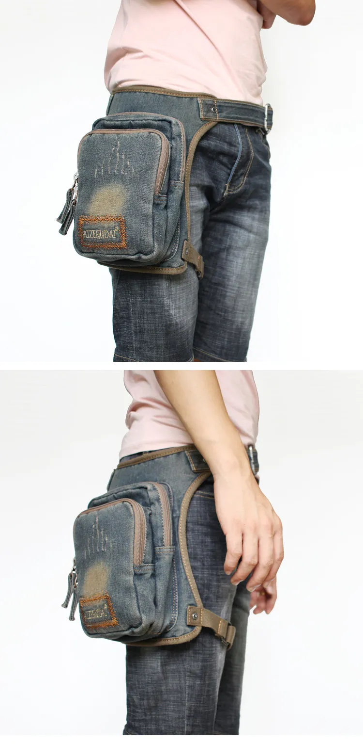 Drop Leg Bag Mens Denim Thigh Bag Fanny Pack for Men Blue Denim Bum Bag Waist Bag