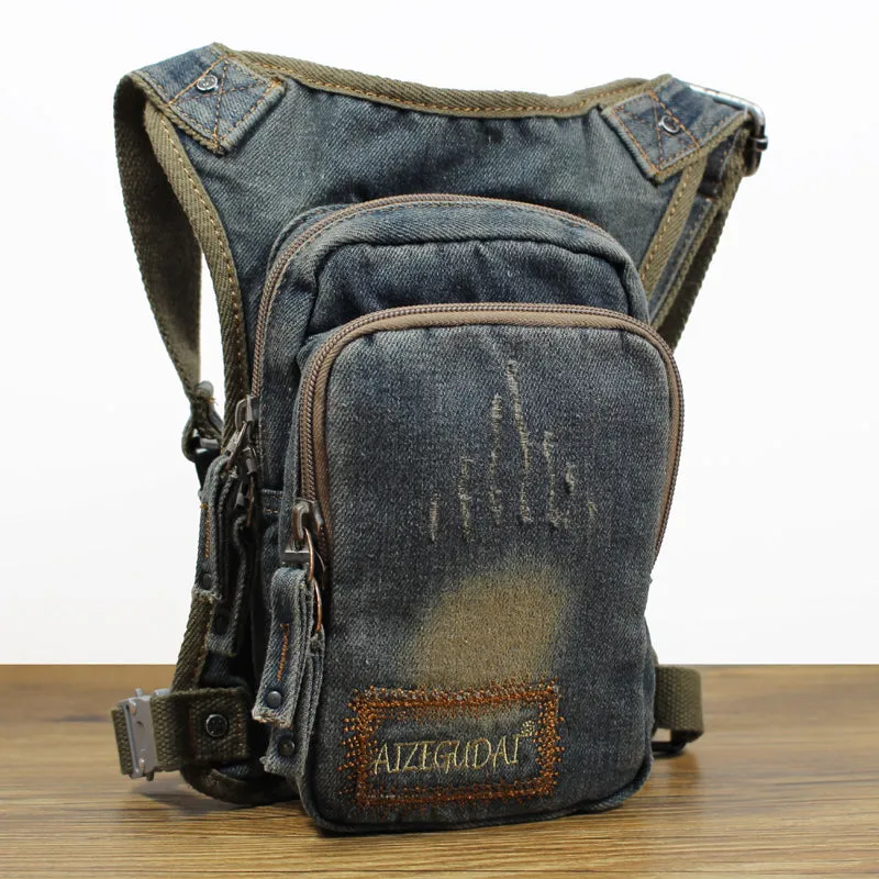 Drop Leg Bag Mens Denim Thigh Bag Fanny Pack for Men Blue Denim Bum Bag Waist Bag