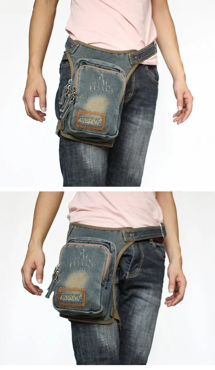Drop Leg Bag Mens Denim Thigh Bag Fanny Pack for Men Blue Denim Bum Bag Waist Bag