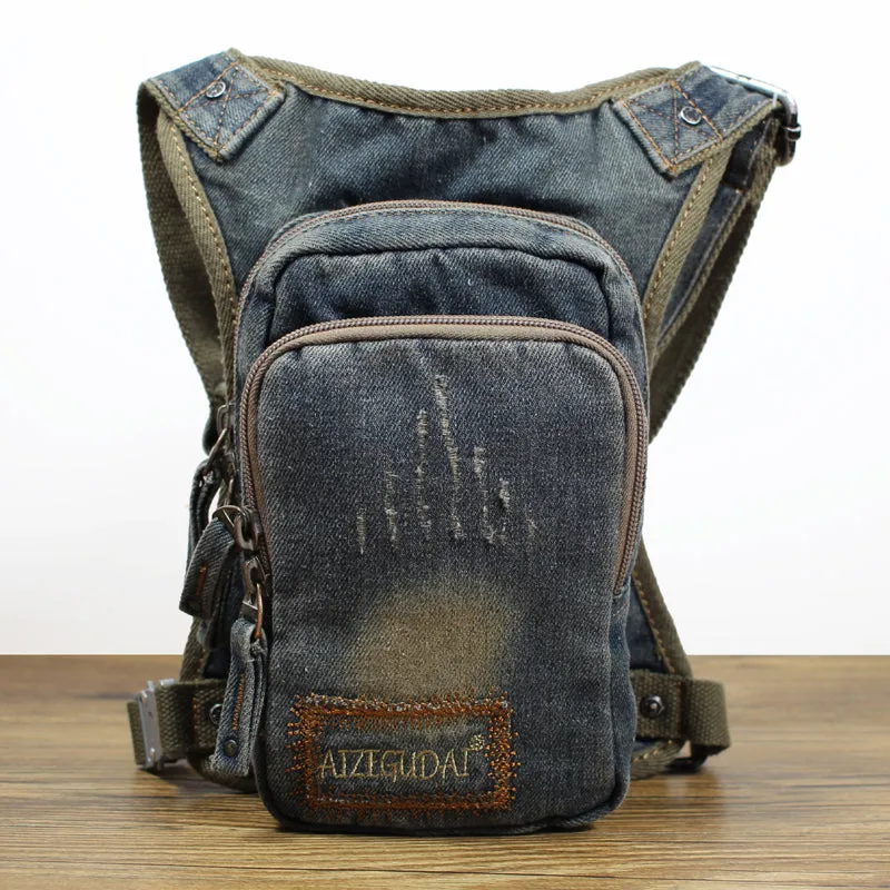 Drop Leg Bag Mens Denim Thigh Bag Fanny Pack for Men Blue Denim Bum Bag Waist Bag