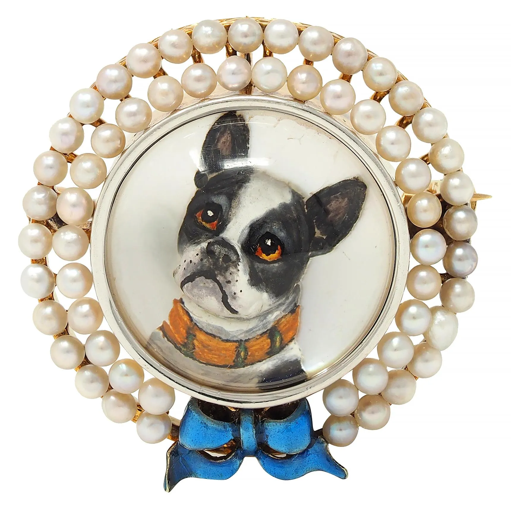 Edwardian Essex Crystal Pearl Enamel Platinum 14 Karat Gold Antique French Bulldog Bow Dog Brooch