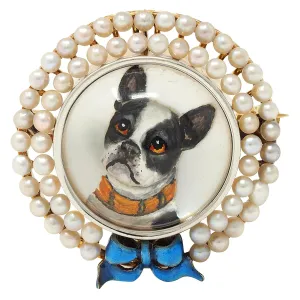 Edwardian Essex Crystal Pearl Enamel Platinum 14 Karat Gold Antique French Bulldog Bow Dog Brooch