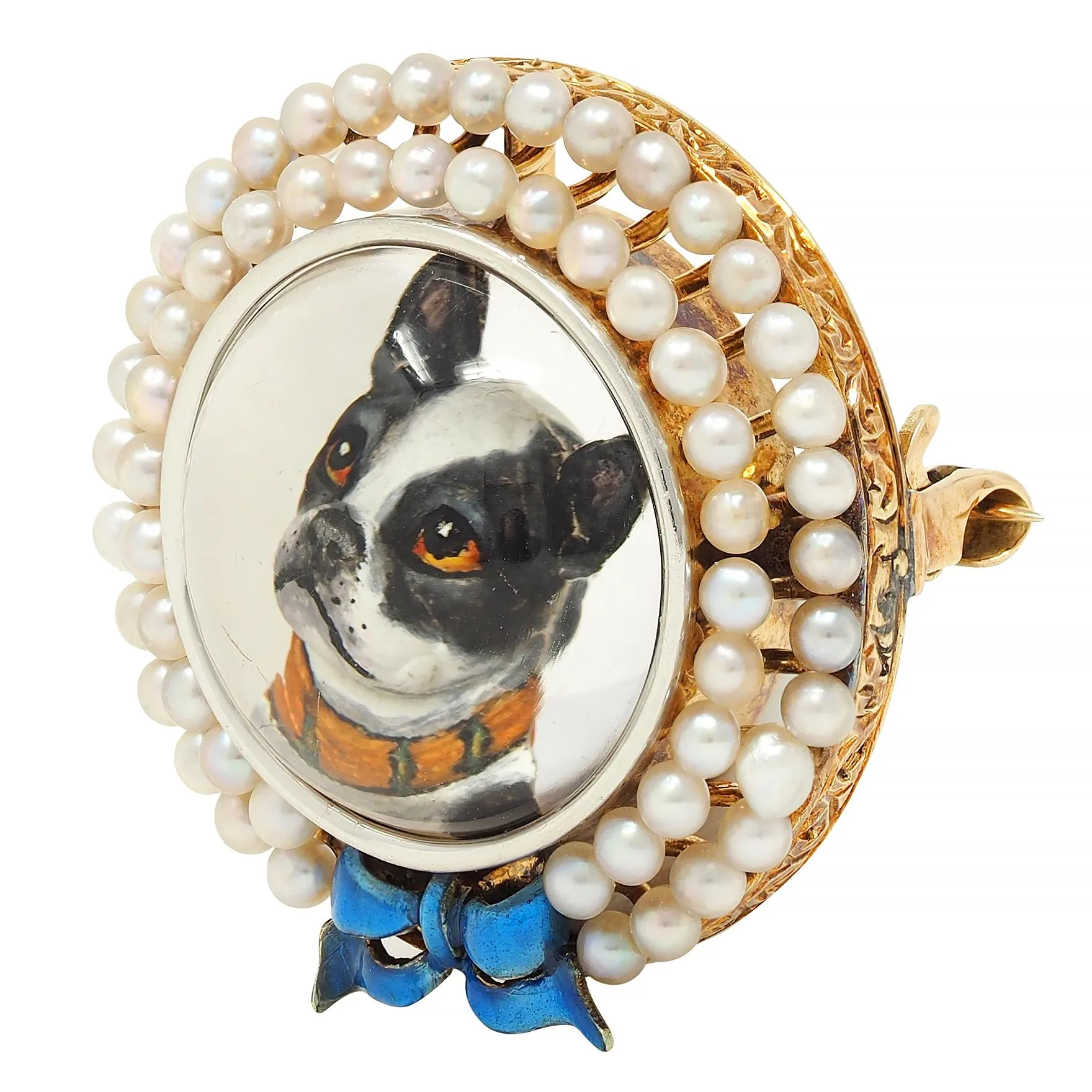 Edwardian Essex Crystal Pearl Enamel Platinum 14 Karat Gold Antique French Bulldog Bow Dog Brooch
