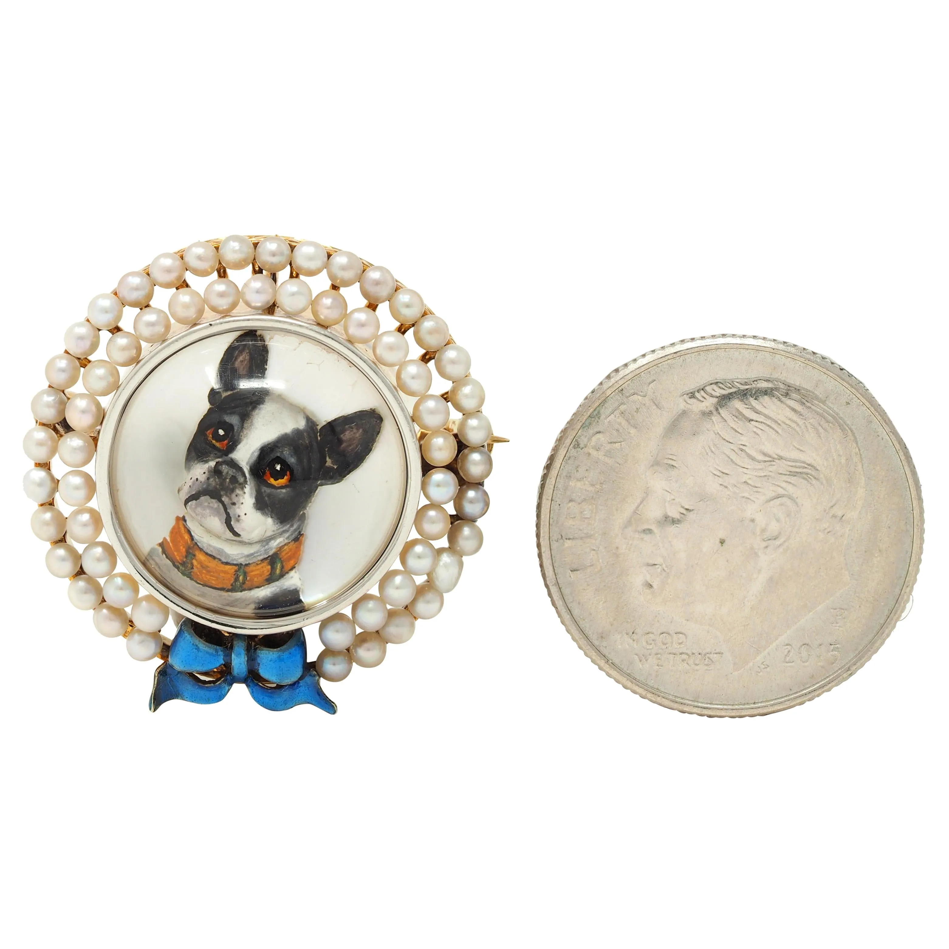 Edwardian Essex Crystal Pearl Enamel Platinum 14 Karat Gold Antique French Bulldog Bow Dog Brooch