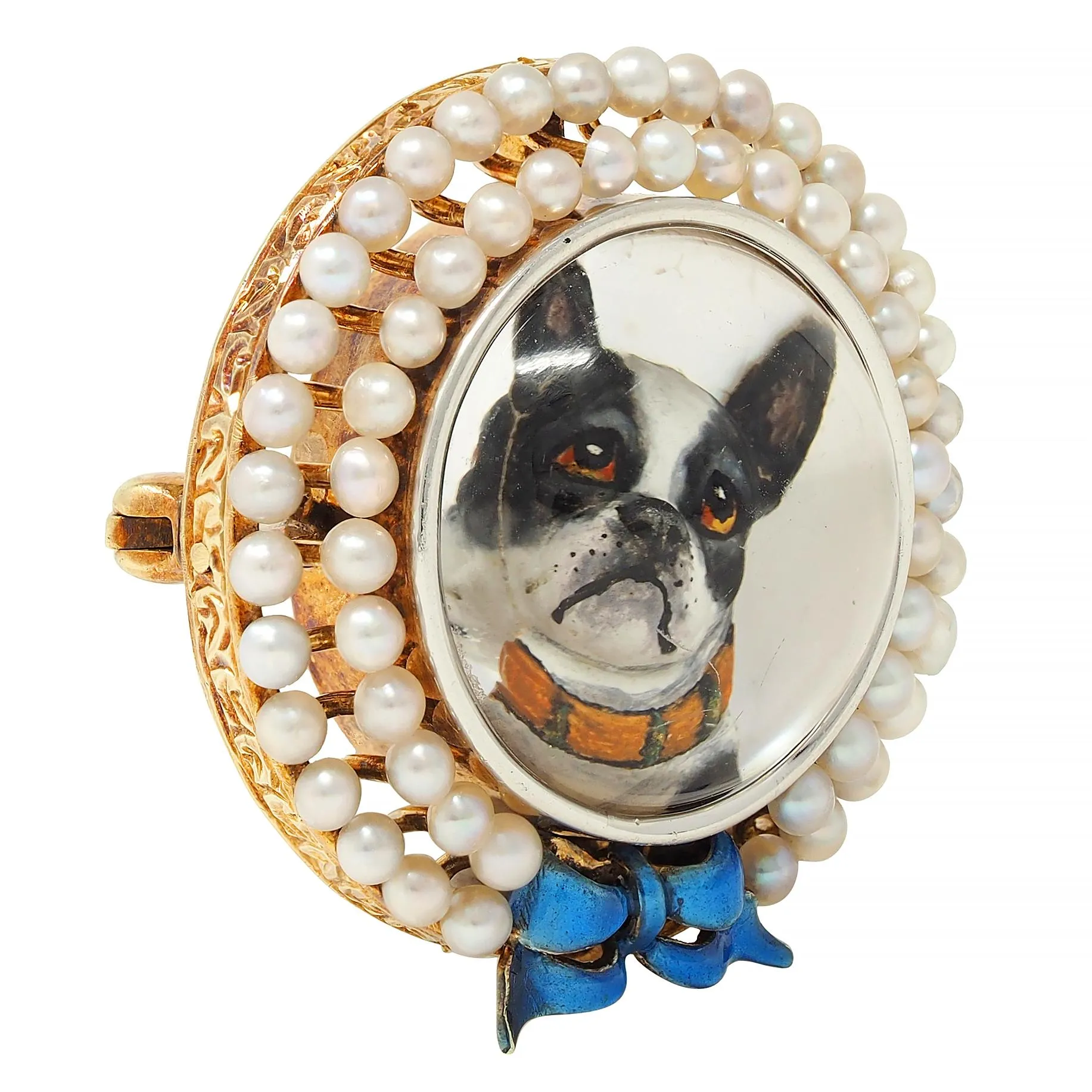 Edwardian Essex Crystal Pearl Enamel Platinum 14 Karat Gold Antique French Bulldog Bow Dog Brooch