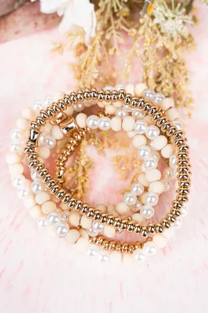 Elavated Style Cream Beaded Goldtone Bracelet Set