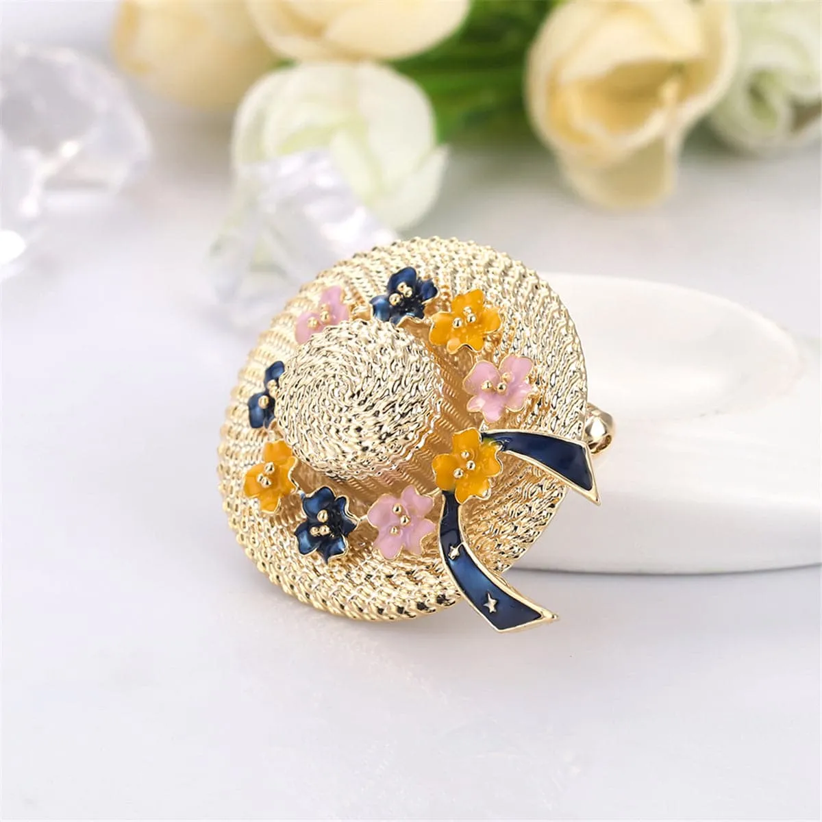 Enamel & 18K Gold-Plated Floral Sunhat Brooch