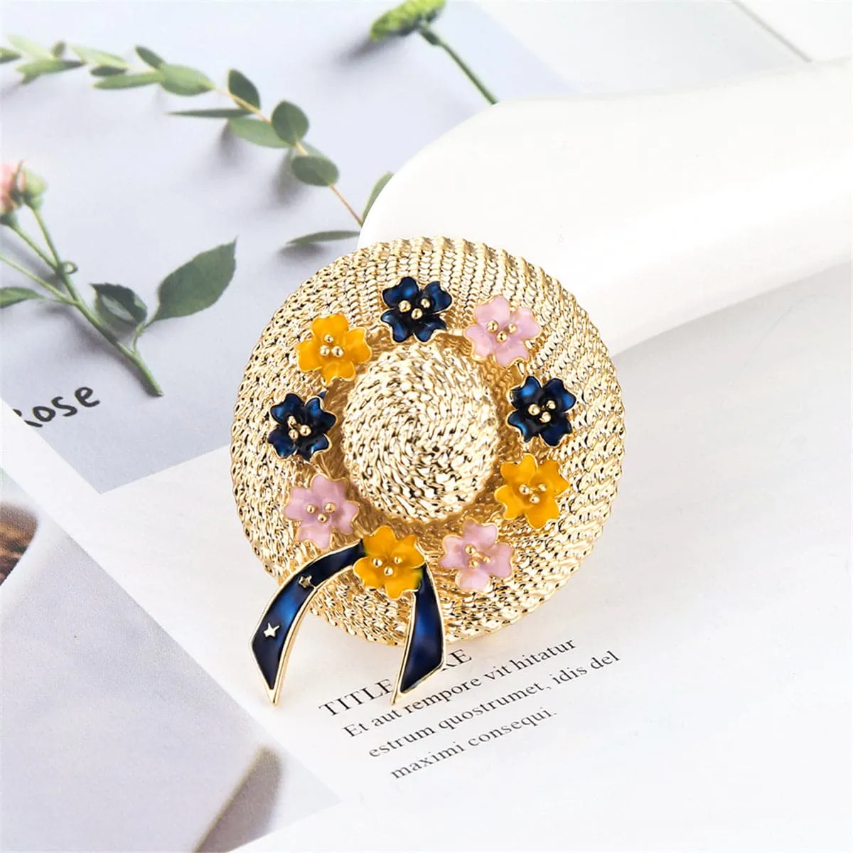 Enamel & 18K Gold-Plated Floral Sunhat Brooch