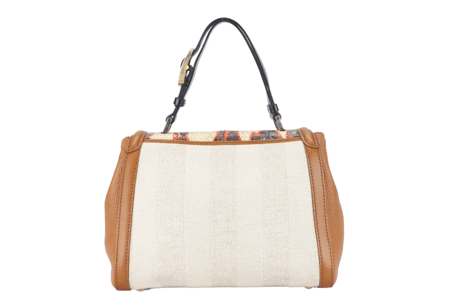 FENDI WHITE PYTHON TRIM CANVAS SILVANA SATCHEL MULTIPLE COLORS TOP FLAP GOLD HARDWARE WITH DUST COVER