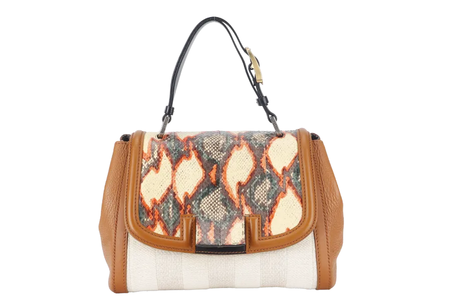 FENDI WHITE PYTHON TRIM CANVAS SILVANA SATCHEL MULTIPLE COLORS TOP FLAP GOLD HARDWARE WITH DUST COVER