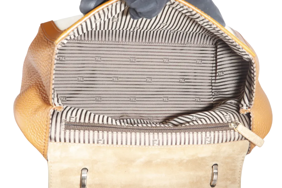 FENDI WHITE PYTHON TRIM CANVAS SILVANA SATCHEL MULTIPLE COLORS TOP FLAP GOLD HARDWARE WITH DUST COVER
