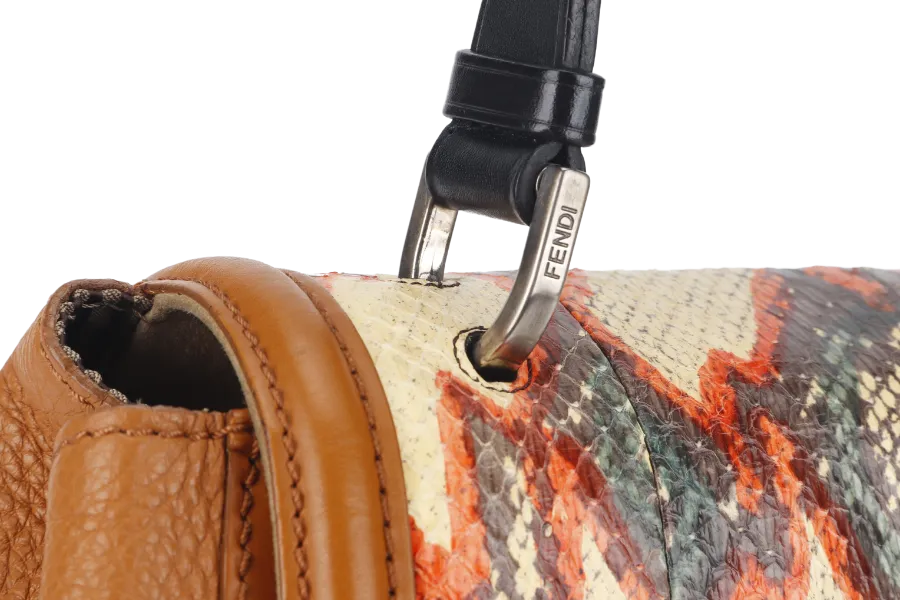 FENDI WHITE PYTHON TRIM CANVAS SILVANA SATCHEL MULTIPLE COLORS TOP FLAP GOLD HARDWARE WITH DUST COVER