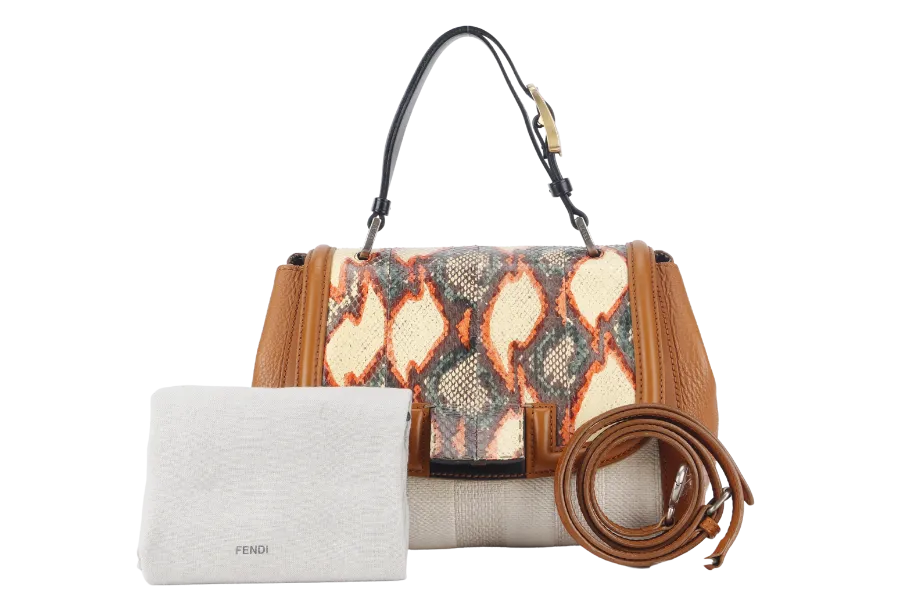 FENDI WHITE PYTHON TRIM CANVAS SILVANA SATCHEL MULTIPLE COLORS TOP FLAP GOLD HARDWARE WITH DUST COVER