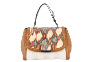 FENDI WHITE PYTHON TRIM CANVAS SILVANA SATCHEL MULTIPLE COLORS TOP FLAP GOLD HARDWARE WITH DUST COVER