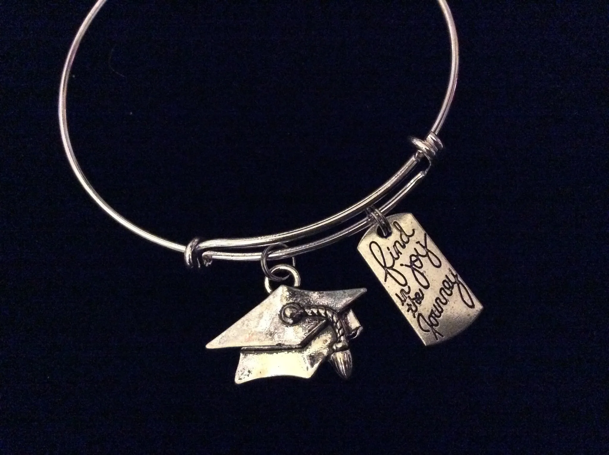Find Joy in The Journey Graduation Cap Charm Bangle Adjustable Expandable Wire Bangle Bracelet Graduation Gift Trendy Teenager Stacking