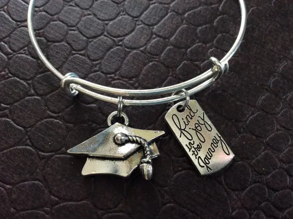 Find Joy in The Journey Graduation Cap Charm Bangle Adjustable Expandable Wire Bangle Bracelet Graduation Gift Trendy Teenager Stacking