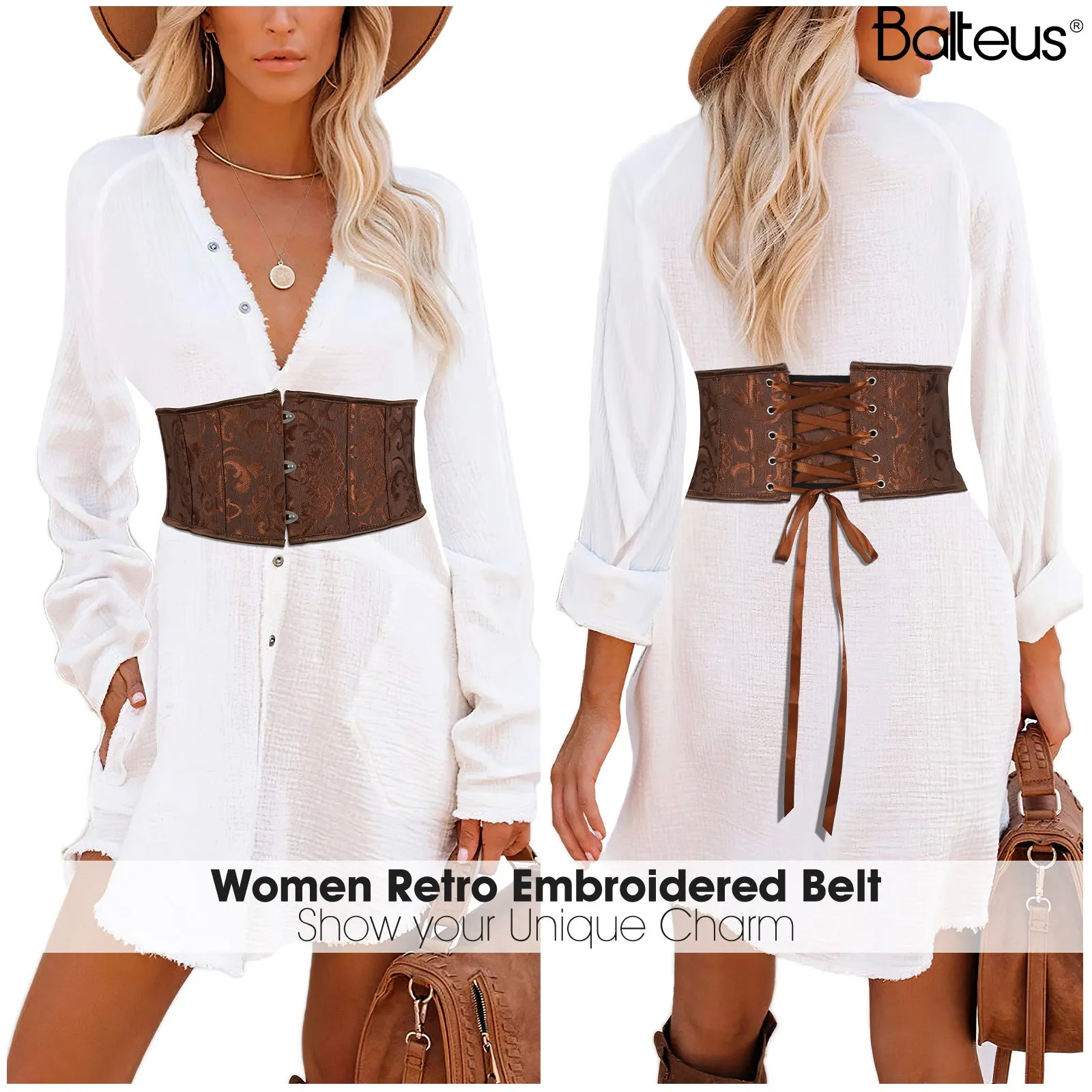 Floral Corset Waist Belt for Women,Embroidered Lace up Waist Belt Wide Waistband Obi Tied Waspie Belt