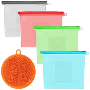 Food Storage Bags Silicone and Kitchen Antibacterial Sponge Washing Brush Reusable, Sandwich Container, Snack Bag, Preservation Of Fruits, Vegetables, Airtight Seal, Meal Prep Lunch Set (4 1)