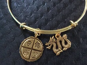 Four Wishes Chinese symbols and Golden Dragon Charm Adjustable Expandable Bangle Bracelet Gold Handmade Wire Bangle Stacking Trendy