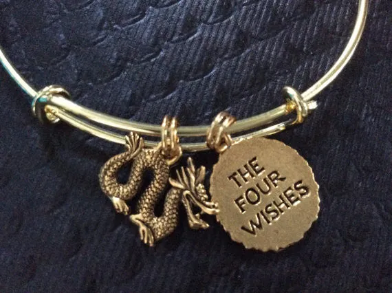 Four Wishes Chinese symbols and Golden Dragon Charm Adjustable Expandable Bangle Bracelet Gold Handmade Wire Bangle Stacking Trendy