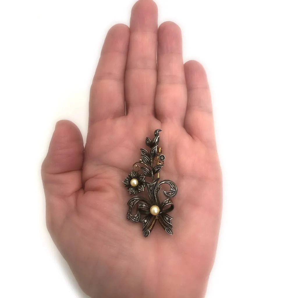 French Victorian Diamond and Pearl Brooch