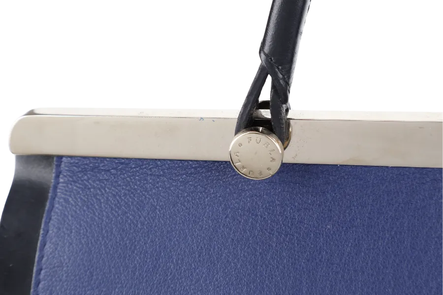 FURLA CORTINA TOP HANDLER SATCHEL BAG 34CM BLUE BLACK CALF LEATHER GOLD HARDWARE