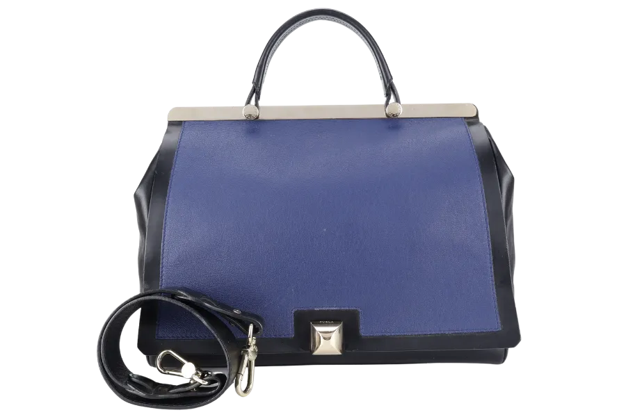 FURLA CORTINA TOP HANDLER SATCHEL BAG 34CM BLUE BLACK CALF LEATHER GOLD HARDWARE