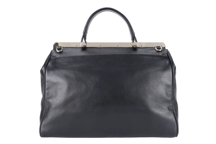 FURLA CORTINA TOP HANDLER SATCHEL BAG 34CM BLUE BLACK CALF LEATHER GOLD HARDWARE