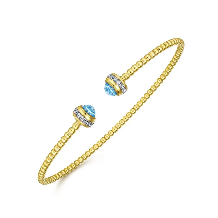 Gabriel & Co. - BG4619-62Y45BT - 14K Yellow Gold Diamond and Blue Topaz Bujukan Open Bangle