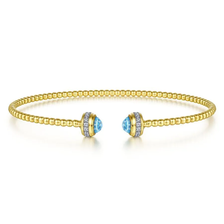 Gabriel & Co. - BG4619-62Y45BT - 14K Yellow Gold Diamond and Blue Topaz Bujukan Open Bangle