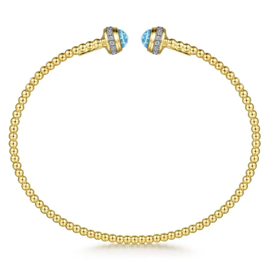 Gabriel & Co. - BG4619-62Y45BT - 14K Yellow Gold Diamond and Blue Topaz Bujukan Open Bangle