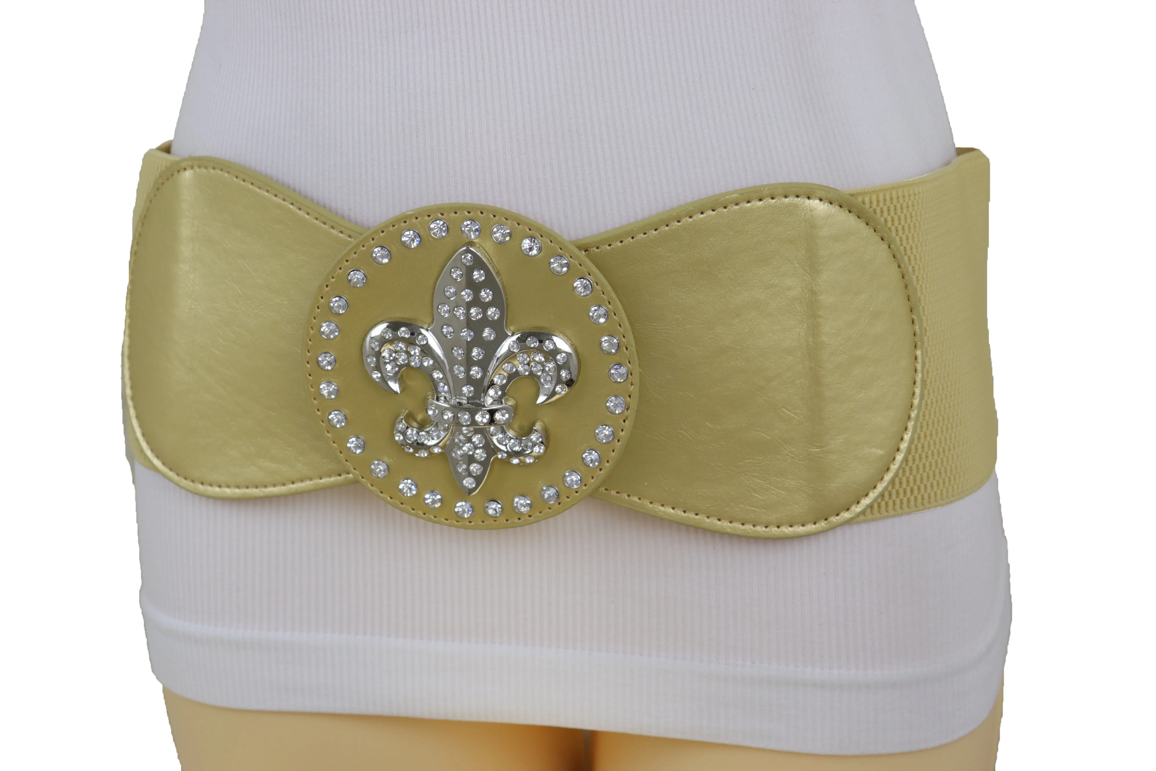 Gold Elastic Corset Fashion Belt Hip Waist Fleur De Lis Lily Flower S M