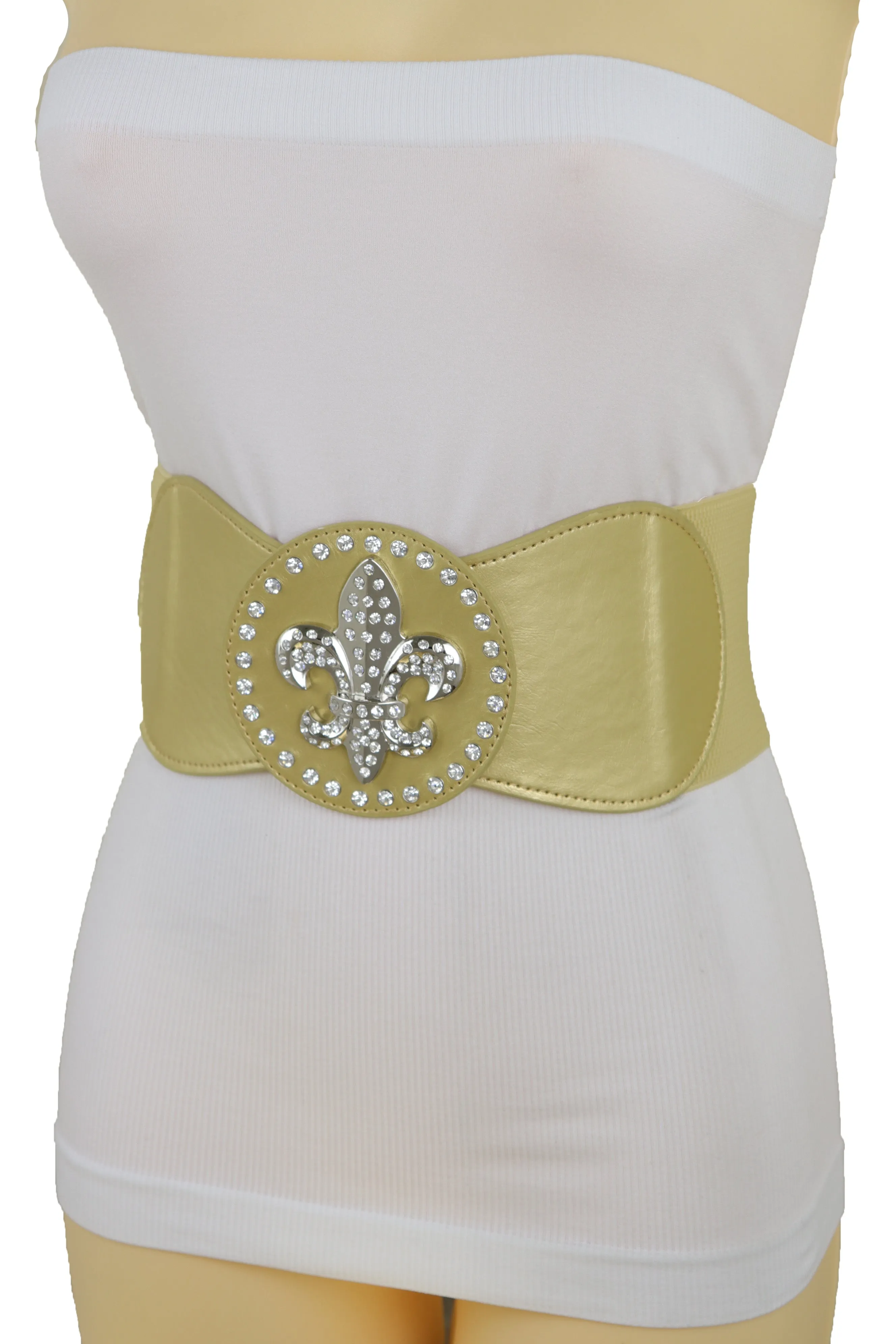 Gold Elastic Corset Fashion Belt Hip Waist Fleur De Lis Lily Flower S M